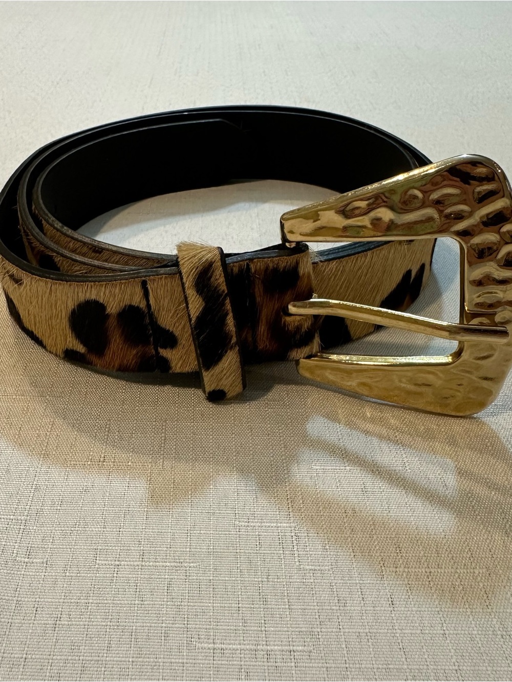 Zara Leopard Print Haircalf Belt Gold Hammered Buckle